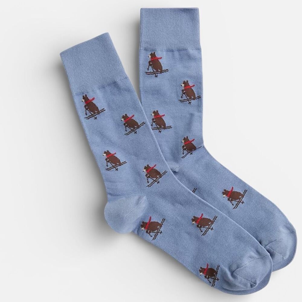 J.Crew Men’s Skiing Bear Crew Socks Seashore Blue Cozy Cotton Blend One Size New